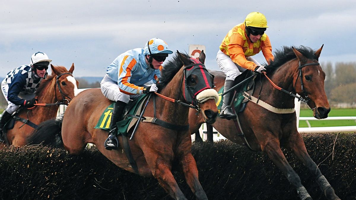 Racehorses and jockeys clearing a fence